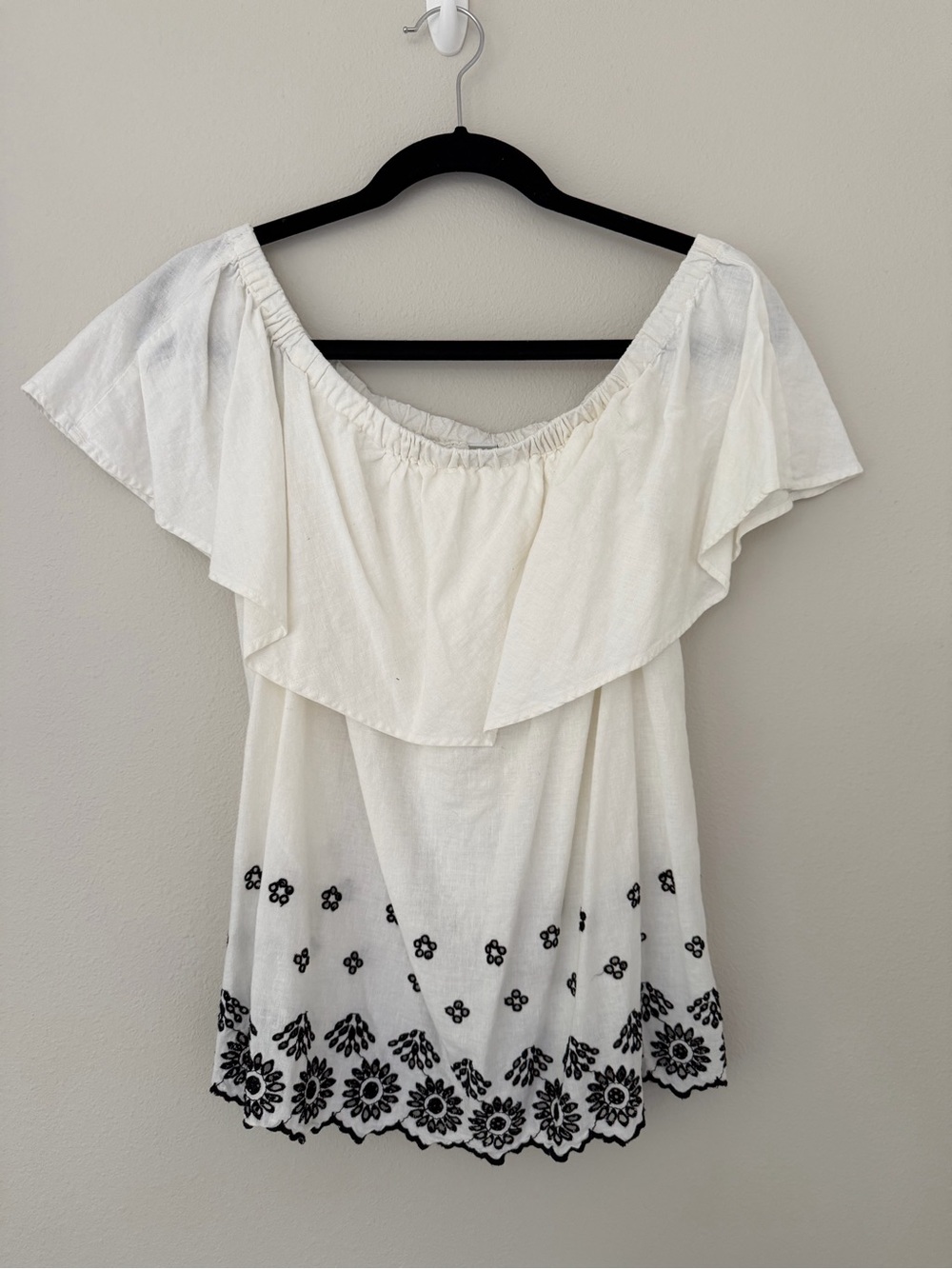 Old Navy White Off-Shoulder Top with Black Embroidery
